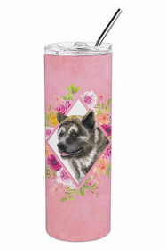 Akita 1 Pink Flowers Double Walled Stainless Steel Travel Mug