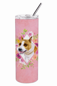 Bull Terrier Pink Flowers Double Walled Stainless Steel Travel Mug