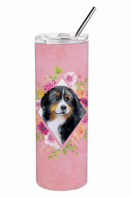 Bernese Mountain Dog Pink Flowers Double Walled Stainless Steel Travel Mug