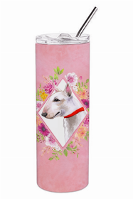 Bull Terrier 1 Pink Flowers Double Walled Stainless Steel Travel Mug