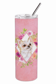 Chihuahua - Long Hair Pink Flowers Double Walled Stainless Steel Travel Mug