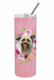 Chinese Crested Pink Flowers Double Walled Stainless Steel Travel Mug