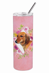 Dachshund - Red #1 Pink Flowers Double Walled Stainless Steel Travel Mug