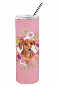 Dachshund - Red #2 Pink Flowers Double Walled Stainless Steel Travel Mug