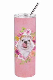 Bulldog Pink Flowers Double Walled Stainless Steel Travel Mug