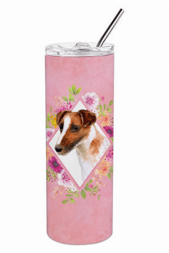 Jack Russell Terrier Pink Flowers Double Walled Stainless Steel Travel Mug