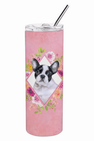 French Bulldog Pink Flowers Double Walled Stainless Steel Travel Mug