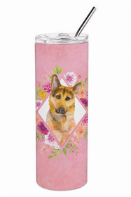 German Shepherd #2 Pink Flowers Double Walled Stainless Steel Travel Mug