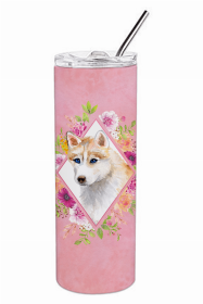 Siberian Husky - Red Pink Flowers Double Walled Stainless Steel Travel Mug