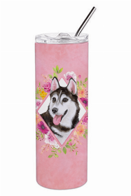 Siberian Husky #1 Pink Flowers Double Walled Stainless Steel Travel Mug