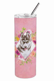 Siberian Husky #2 Pink Flowers Double Walled Stainless Steel Travel Mug