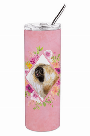 Pekingese Pink Flowers Double Walled Stainless Steel Travel Mug