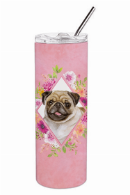 Pug - Fawn Pink Flowers Double Walled Stainless Steel Travel Mug