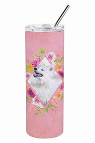 Samoyed Pink Flowers Double Walled Stainless Steel Travel Mug