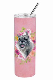 Schnauzer Pink Flowers Double Walled Stainless Steel Travel Mug