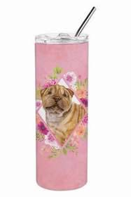 Shar Pei Pink Flowers Double Walled Stainless Steel Travel Mug