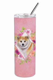 Shiba Inu Pink Flowers Double Walled Stainless Steel Travel Mug