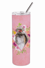 Shih Tzu Pink Flowers Double Walled Stainless Steel Travel Mug