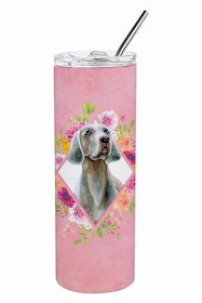 Weimaraner Pink Flowers Double Walled Stainless Steel Travel Mug