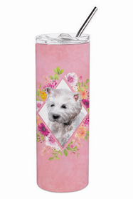 West Highland White Terrier Pink Flowers Double Walled Stainless Steel Travel Mug