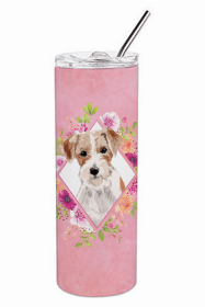 Jack Russell Terrier 1 Pink Flowers Double Walled Stainless Steel Travel Mug