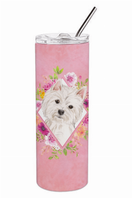 West Highland White Terrier  Pink Flowers Double Walled Stainless Steel Travel Mug