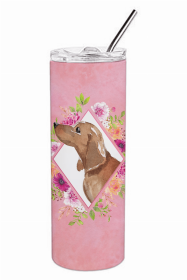 Dachshund Pink Flowers Double Walled Stainless Steel Travel Mug