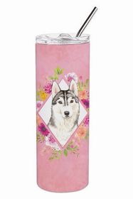 Siberian Husky Pink Flowers Double Walled Stainless Steel Travel Mug