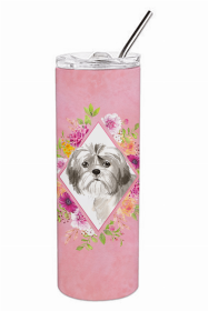 Shih Tzu - Puppy Pink Flowers Double Walled Stainless Steel Travel Mug