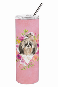 Shih Tzu 1 Pink Flowers Double Walled Stainless Steel Travel Mug