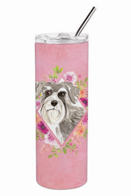 Schnauzer #1 Pink Flowers Double Walled Stainless Steel Travel Mug