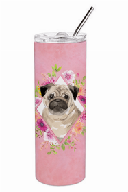 Pug - Fawn 1 Pink Flowers Double Walled Stainless Steel Travel Mug