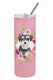 Schnauzer #2 Pink Flowers Double Walled Stainless Steel Travel Mug