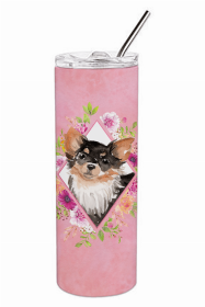 Chihuahua - Longhaired Pink Flowers Double Walled Stainless Steel Travel Mug