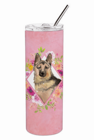 German Shepherd Pink Flowers Double Walled Stainless Steel Travel Mug