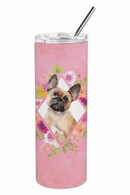 French Bulldog - Fawn 1 Pink Flowers Double Walled Stainless Steel Travel Mug