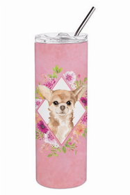 Chihuahua Pink Flowers Double Walled Stainless Steel Travel Mug