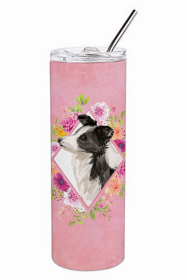 Border Collie Pink Flowers Double Walled Stainless Steel Travel Mug