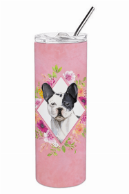 Frenchie - Black and White Pink Flowers Double Walled Stainless Steel Travel Mug