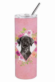 Labrador Retriever - Black Pink Flowers Double Walled Stainless Steel Travel Mug