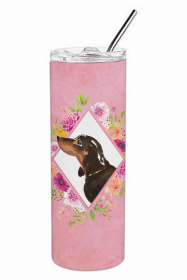 Dachshund - Black and Tan Pink Flowers Double Walled Stainless Steel Travel Mug