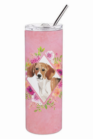 Beagle 1 Pink Flowers Double Walled Stainless Steel Travel Mug