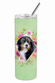 Bernese Mountain Dog Green Flowers Double Walled Stainless Steel Travel Mug