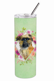 Brussels Griffon Green Flowers Double Walled Stainless Steel Travel Mug