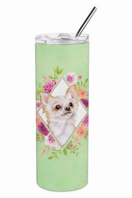 Chihuahua - Long Hair Green Flowers Double Walled Stainless Steel Travel Mug