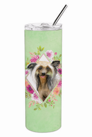 Chinese Crested Green Flowers Double Walled Stainless Steel Travel Mug