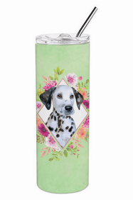 Dalmatian Puppy Green Flowers Double Walled Stainless Steel Travel Mug