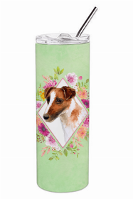 Jack Russell Terrier Green Flowers Double Walled Stainless Steel Travel Mug