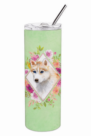 Siberian Husky - Red Green Flowers Double Walled Stainless Steel Travel Mug