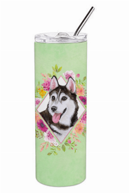 Siberian Husky #1 Green Flowers Double Walled Stainless Steel Travel Mug